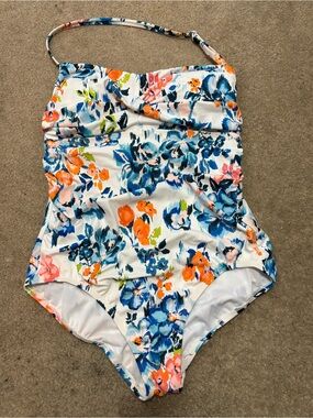 Floral One-Piece Swimsuit - White with Blue & Orange Flowers